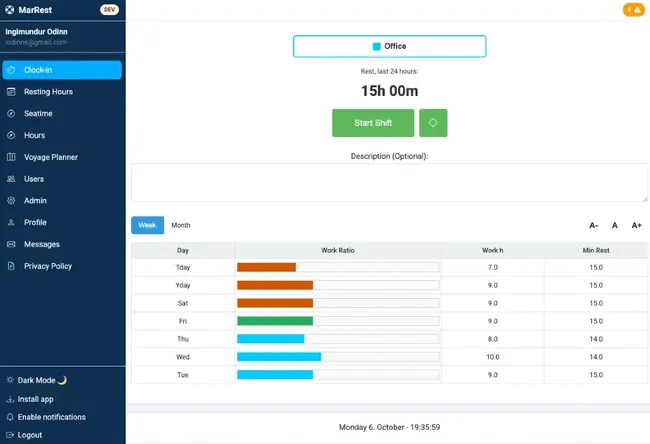 MarRest app dashboard preview highlighting work schedules