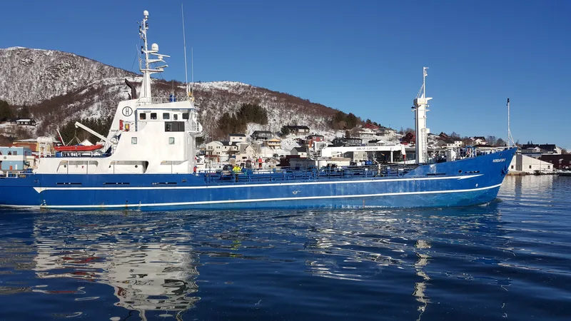 Veiðiskip í norskri höfn á vetri