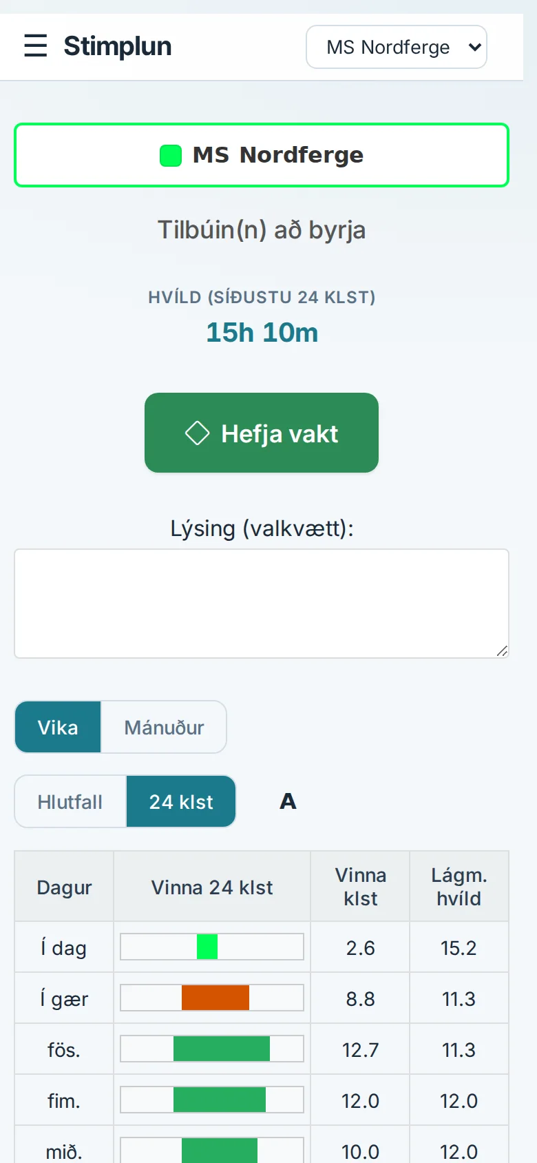 MarRest-stimplun í síma á MS Nordferge með hvíld síðustu 24 klst. og Hefja vakt
