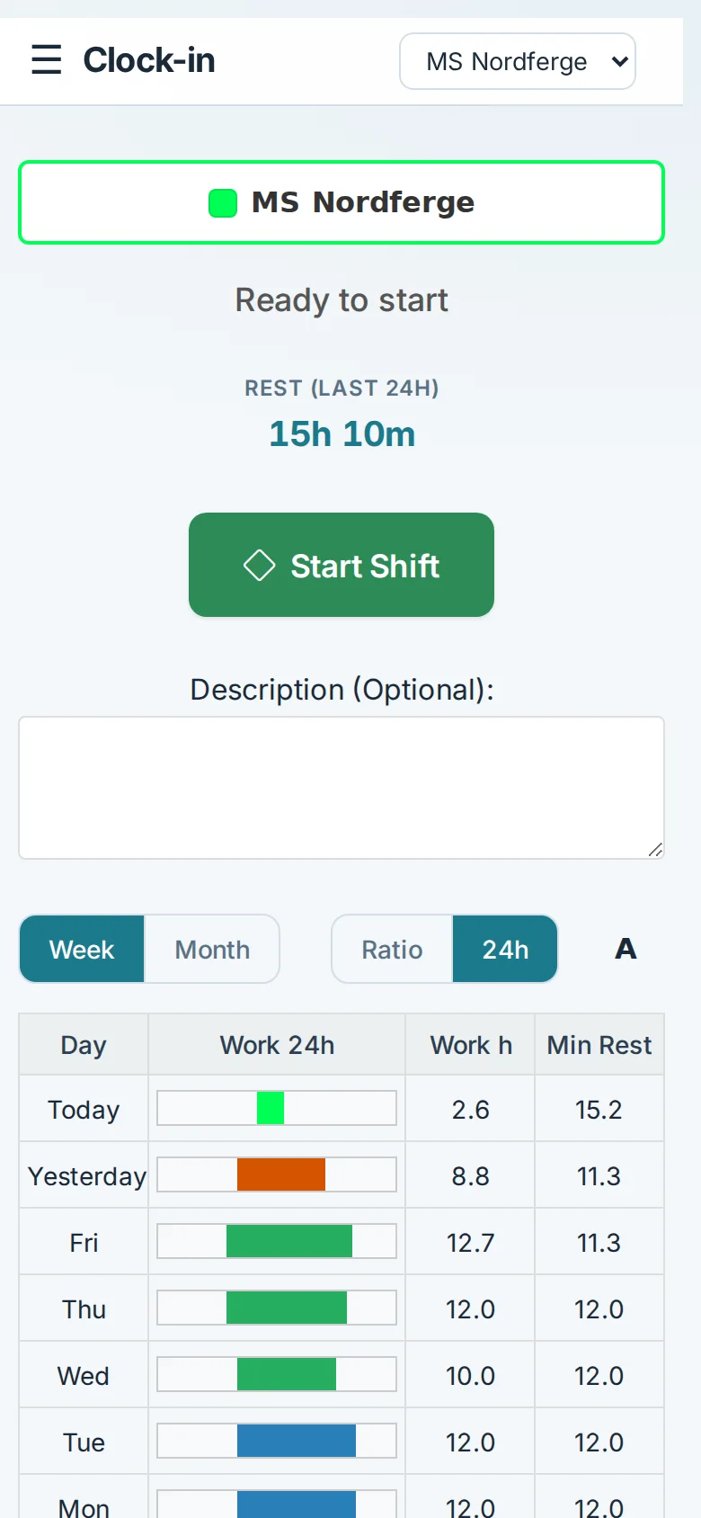 MarRest clock-in on a phone for MS Nordferge with rest last 24 hours and Start shift