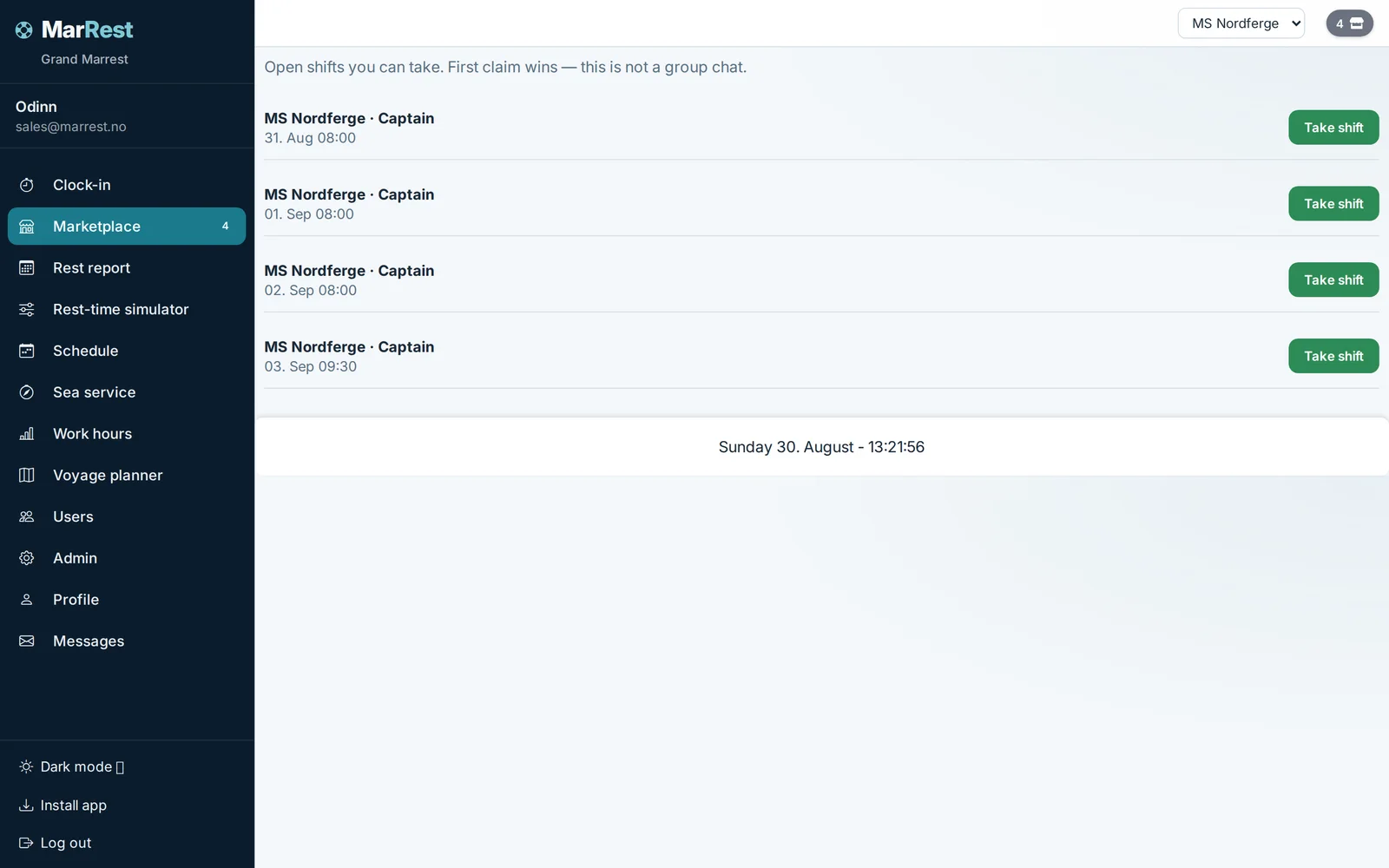 MarRest marketplace on desktop: four open captain watches on MS Nordferge with Take shift