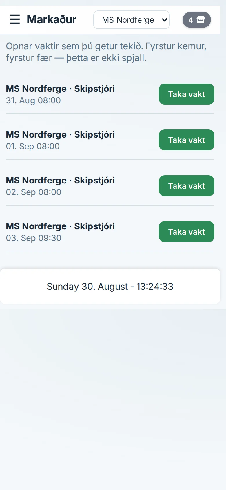 MarRest vaktatorg í síma: fjórar opnar skipstjóra-vaktir á MS Nordferge með Taka vakt