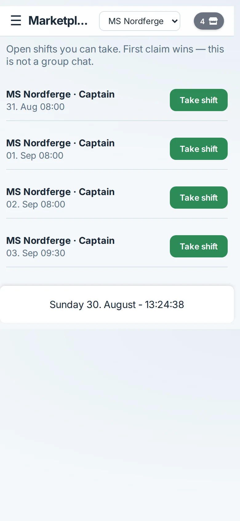 MarRest marketplace on a phone: four open captain watches on MS Nordferge with Take shift