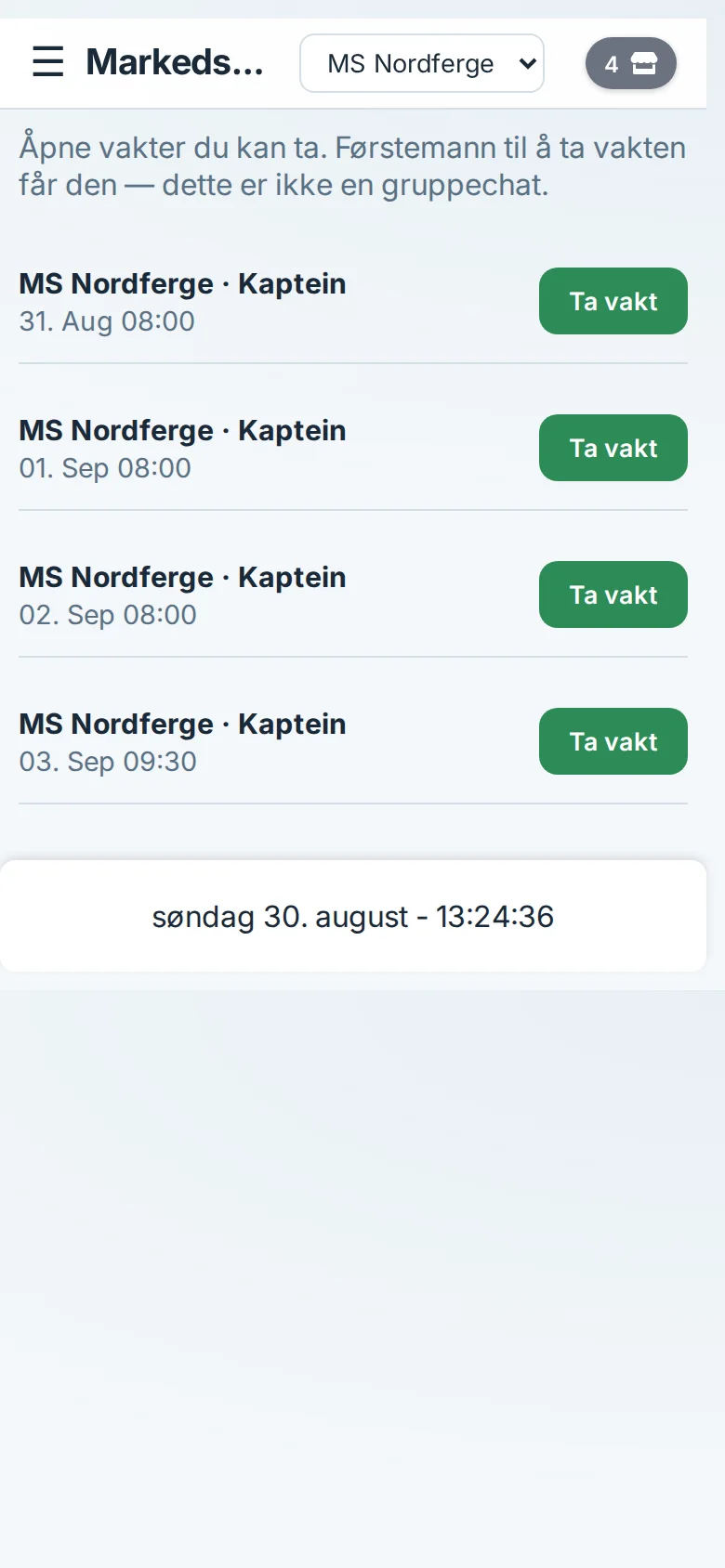 MarRest-vaktmarked på telefon: fire åpne kapteinsvakter på MS Nordferge med Ta vakt
